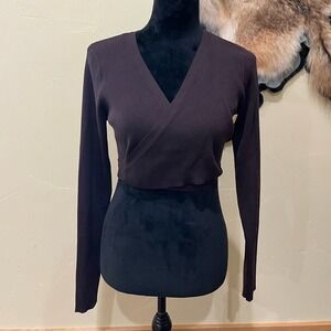 NEW Monki Women Medium Leah Knit Cardigan Dark Brown Wrap Ribbed‎ Ballet Earthy